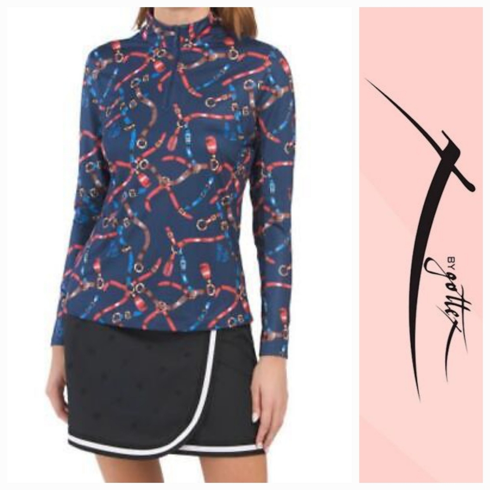 Gottex Golf & Tennis Belt Design Zip Mock Top Long Sleeve Sun Shirt Large